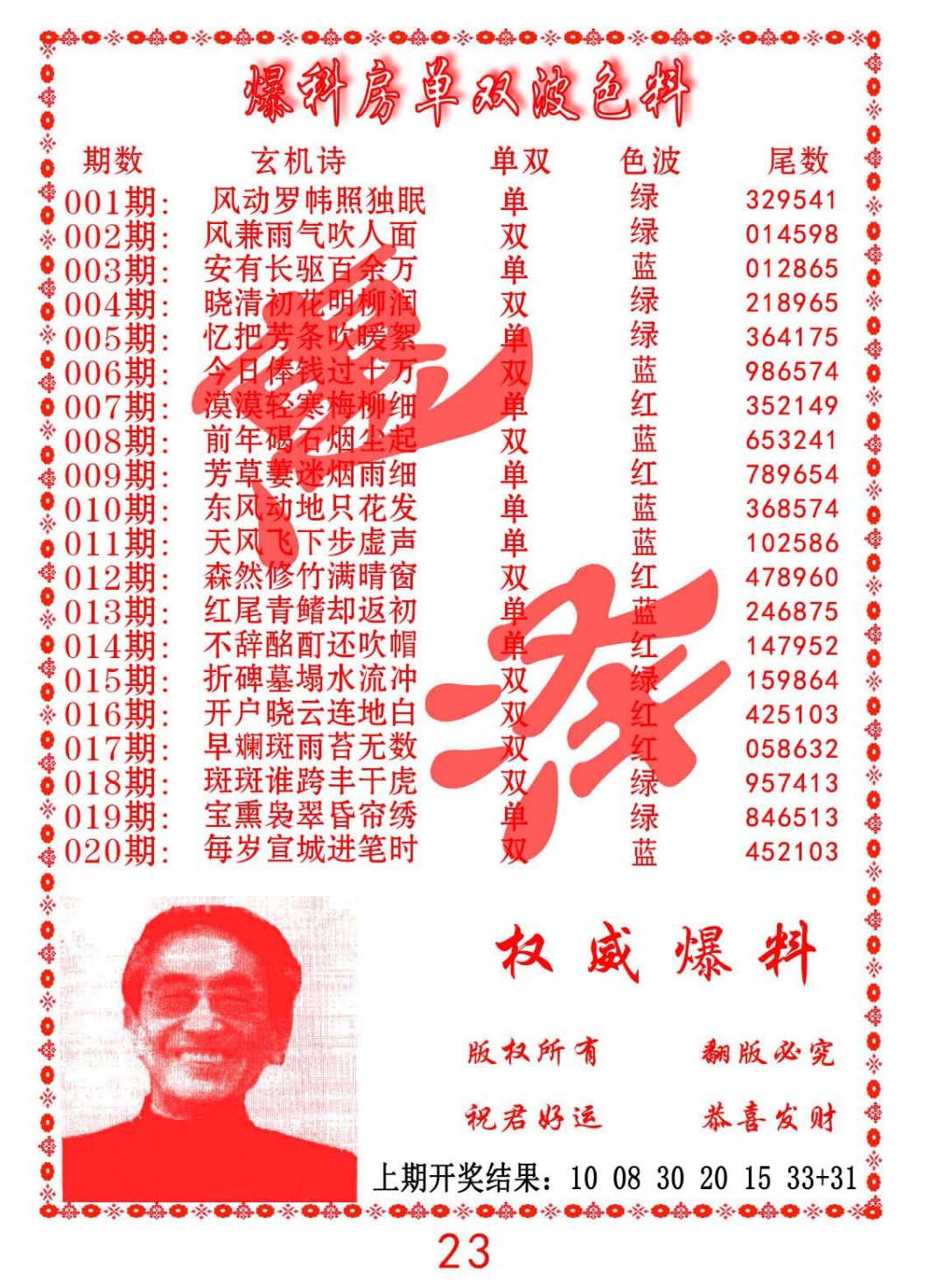 016期爆料房单双波色料[图]